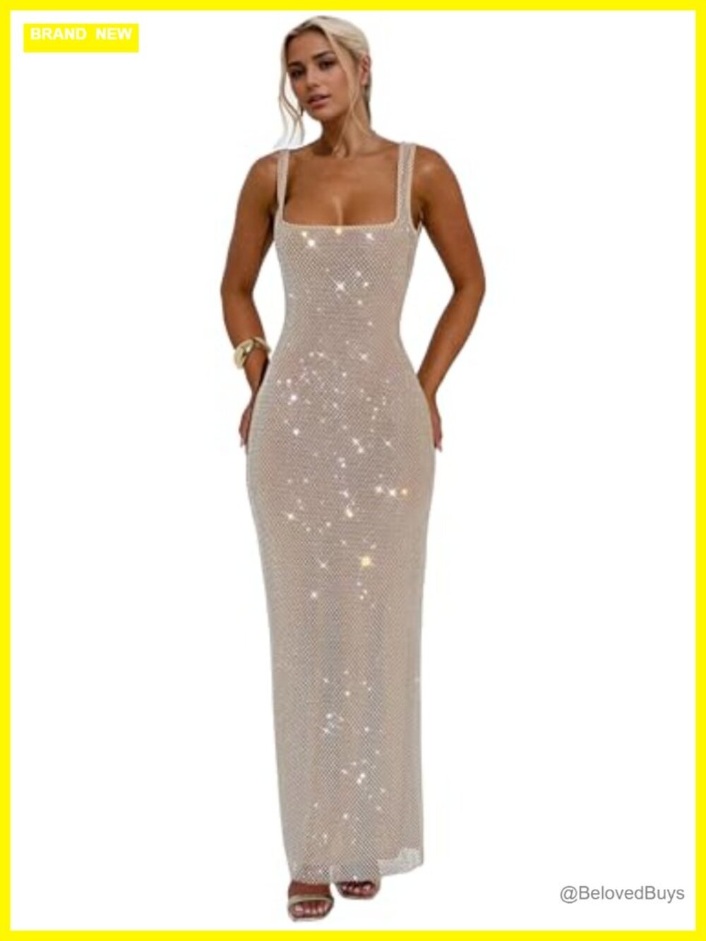 Glitter Mesh Bodycon Maxi Dress Sleeveless Open Back Rhinestone